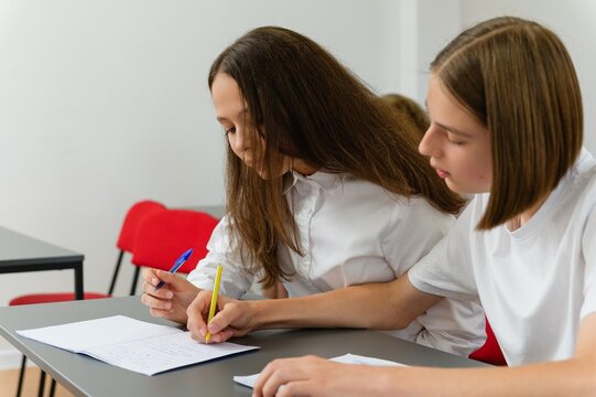 Teenage boy writes in a female classmate notebook while helping her correct an assignment during a lesson at school.