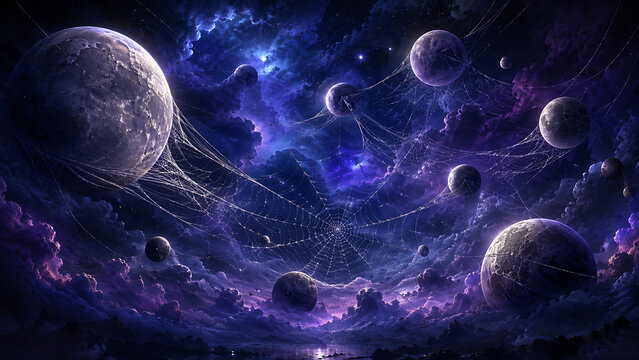 A mystical cosmic halloween backround featuring glowing planets connected by ethereal spider webs in a deep purple starry galaxy sky