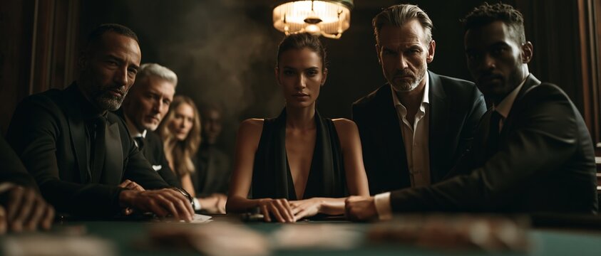 A dramatic, wide-angle low perspective photograph capturing an intense group of men and women playing poker around a green felt table in a dimly lit, smoky underground casino lounge. Serious players 