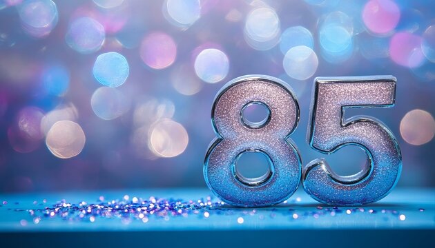 Silver Metallic Number 85 on a Turquoise Surface against a Sparking Blurred Purple and Blue Backdrop