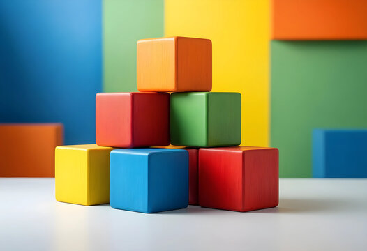 Problem solving and strategy development, colorful wooden blocks stacked as a pyramid for business growth and creative thinking in a corporate office