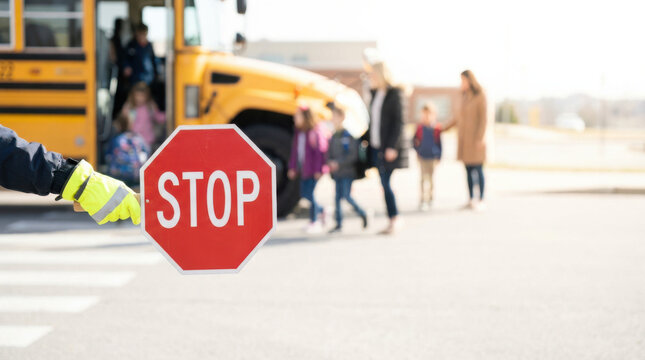 Crossing guard holding stop sign with children and school bus in background, ensuring safe crossing with care and attention
