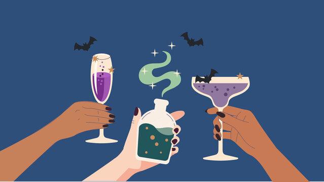 Halloween witch party banner with hands holding purple cocktail glasses and magic potion bottle with bats and stars, vector illustration