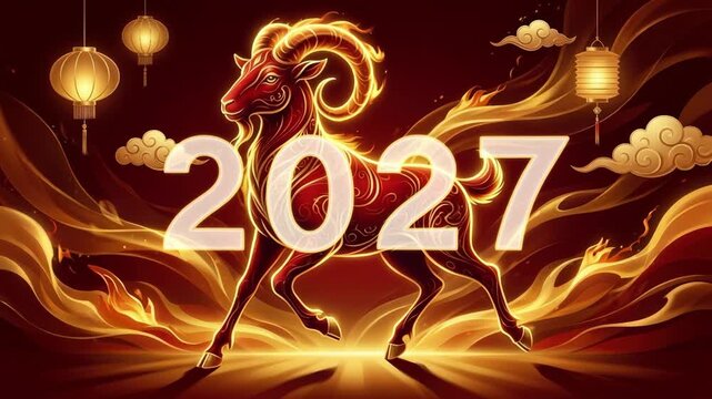 Eastern mythical mascot: Chinese zodiac, fire sheep, lunar calendar, destiny cycle, animal sign, tradition fortune, culture symbolism, year 2027, horoscope astrology, horned goat.