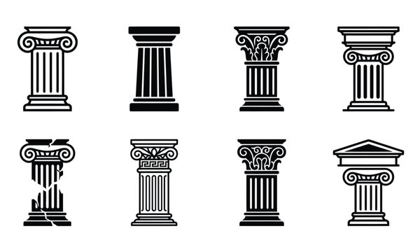 Ancient architectural columns collection black classic stone pillars.