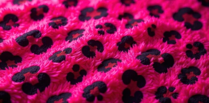 Bold pink and black leopard print on plush surface, animal print, black, shag