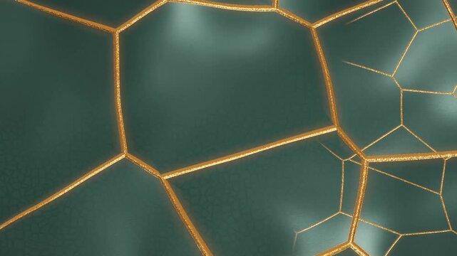 Kintsugi Gold Lacquer Repair Seams on Ceramic With Circling Burnish Glint, Seamless Loop in calm green tones