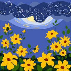 Fototapeta premium Vector Sunflowers in Moonlight