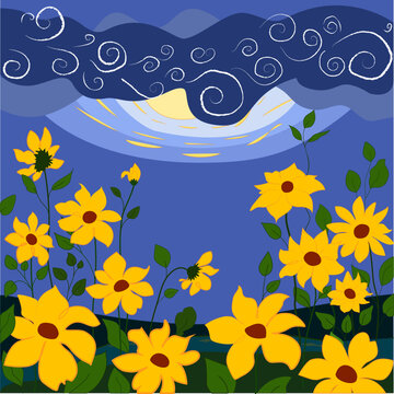 Vector Sunflowers in Moonlight