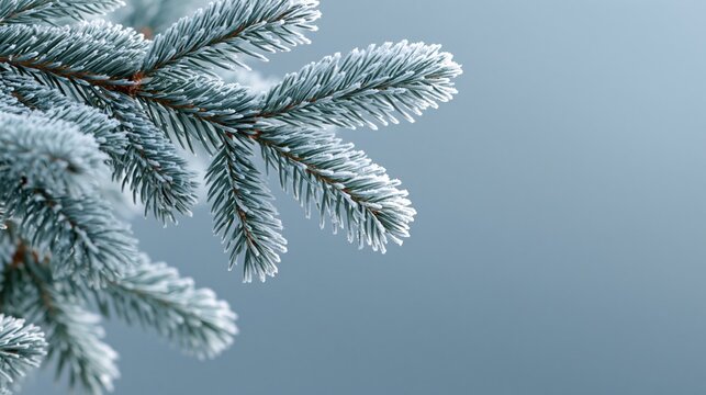 Frosted evergreen branches framing winter scene with soft blue background