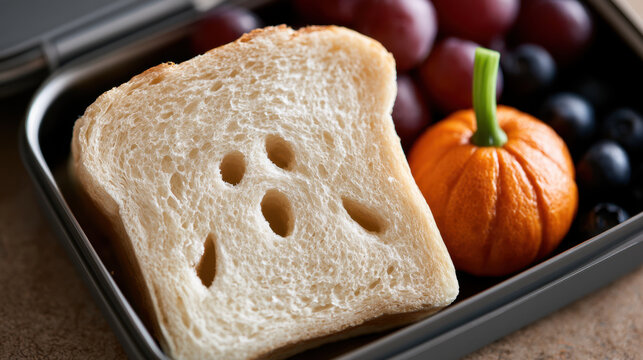 Halloween lunchbox with ghost shaped bread, pumpkin style mandarin and fresh grapes for a fun seasonal kids snack