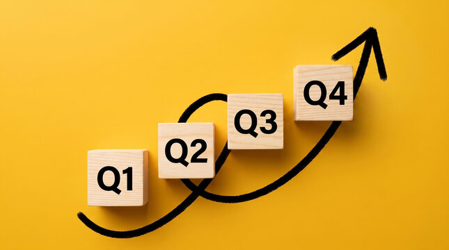 Business growth concept with wooden cubes Q1 Q2 Q3 Q4 and hand drawn upward arrow on yellow background, quarterly progress and financial success strategy