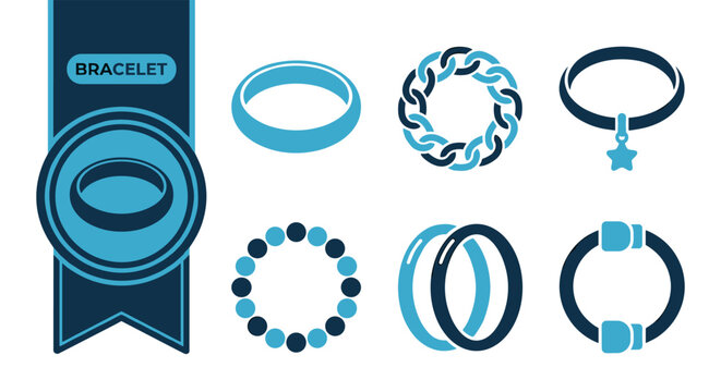 Bracelet vector icon set with bangles, chain bracelets and decorative wrist jewelry variations, isolated fashion accessories for women, luxury, gift, wedding and boutique design