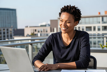 Obraz premium Remote work and digital nomad lifestyle, happy woman working on laptop at outdoor office terrace with urban skyline view for freelance career success