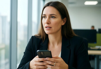 Obraz premium Workplace communication and corporate connectivity, professional woman using smartphone in modern office for business networking and digital engagement