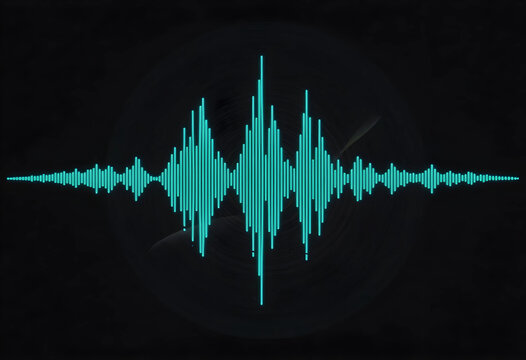 Audio visualization and sound wave frequency, digital signal processing and music technology with glowing cyan pulse on a dark background