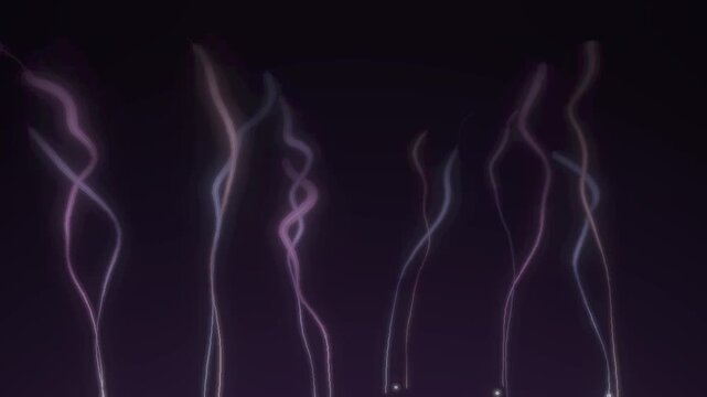 Thin smoke trails rising and spiraling wisps abstract dark background seamless loop in bright violet tones
