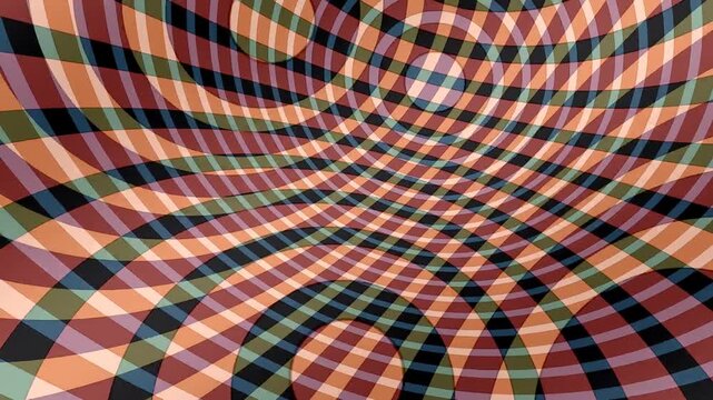 Warped Check Lattice Rolling Through a Circle Inversion, Retro Op Art Geometric Motion Background Seamless Loop in subtle charcoal tones