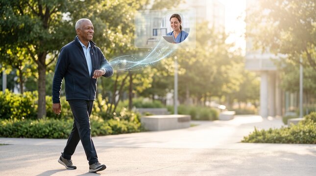 Senior man using smartwatch for telemedicine consultation in park