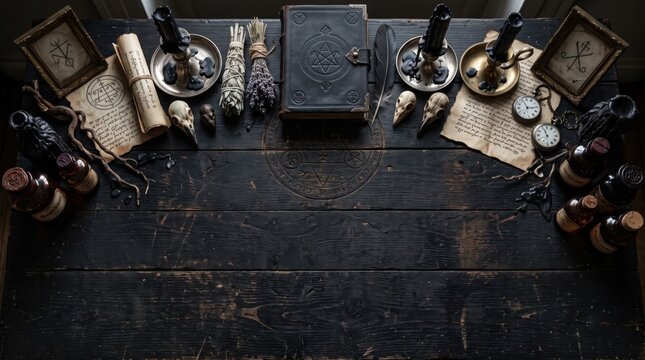 Mystical halloween background with ancient spellbook candles and potion bottles on a rustic wooden table
