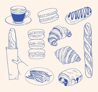Hand drawn vector illustration set of traditional French bakery items and sweet treats, including croissants, macarons, baguettes, eclairs, pain au chocolat, crepes, and coffee. 