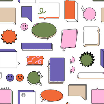 Outline seamless pattern of speech bubbles for text. Line dialog clouds of messages and thoughts of endless background. Retro speech bubbles. Doodle frames and shapes for communication in chat
