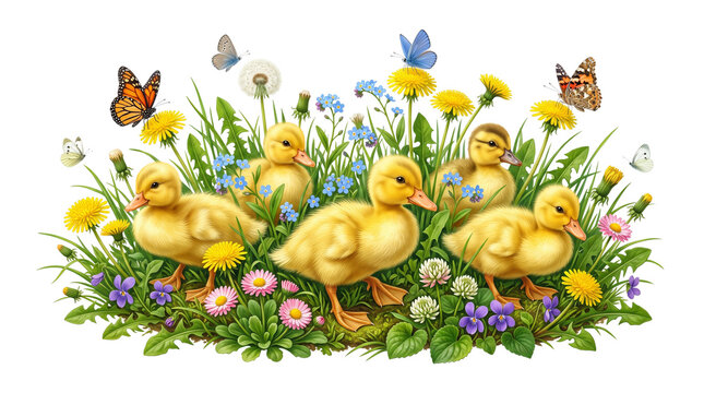 Vintage watercolor ducklings in spring meadow, fluffy yellow baby ducks with wildflowers and butterflies, nostalgic easter farm animals isolated PNG with Transparent Background