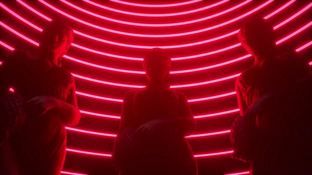 Cyberpunk Motion Background of Sculpted Statues in Circle with Monochromatic Red Neon Lighting