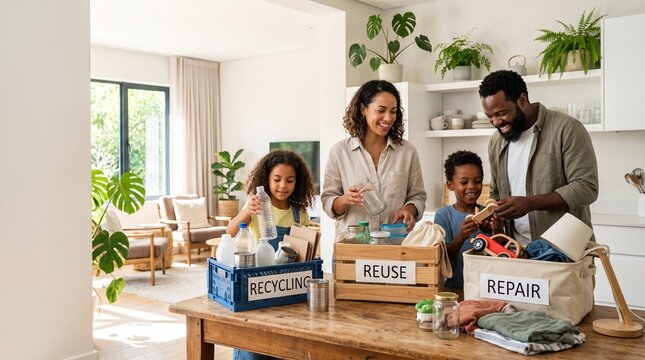 Happy family sorting household items into recycle, reuse and repair bins at home