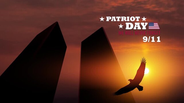 Silhouette of Towers with soaring eagle at sunset. 09.11.2001 American Patriot Day banner. Video with inscription.
