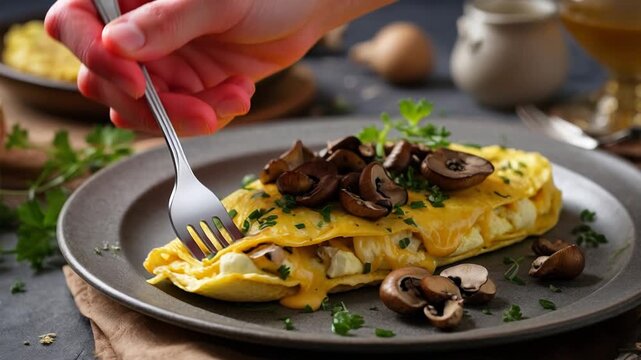 French omelette eggs with mushrooms and cheese, traditional culinary brunch cuisine AI Generative