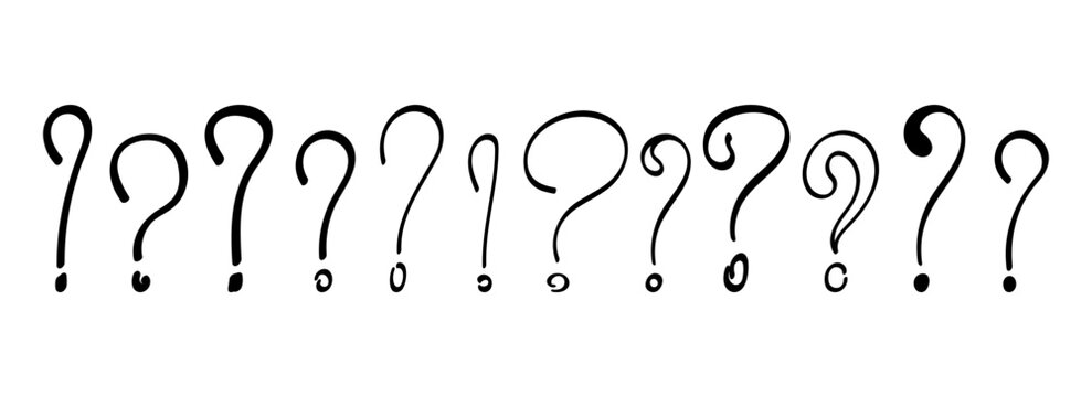 Hand drawn question mark vector icons set isolated on transparent background, black doodle punctuation marks line art collection for quiz FAQ search web design and asking problem solving concept