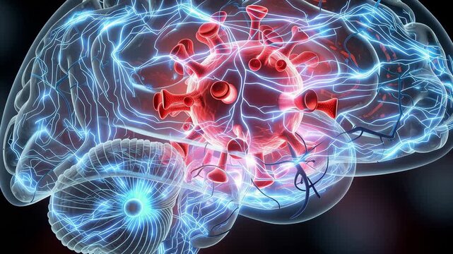 Luminous brain illustrating the complex battle between mind and pathogens in a vibrant digital artwork