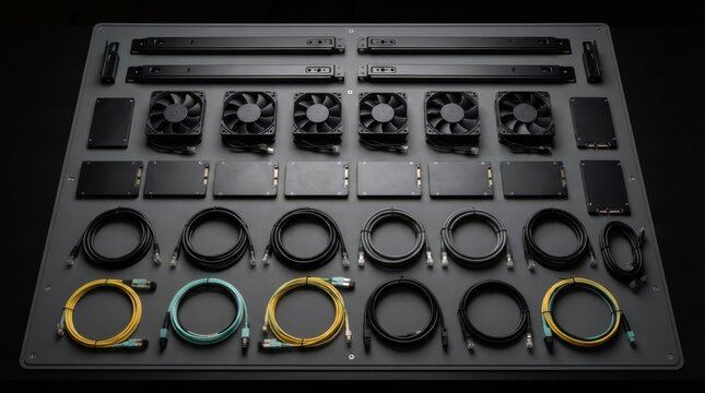 Knolling of server rails, fiber optic connectors, ethernet cords, SSD drives, and cooling fans on an anti static mat.