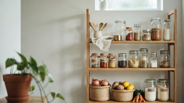 Organized Kitchen Shelf with Glass Jars, Spices, and Fresh Produce