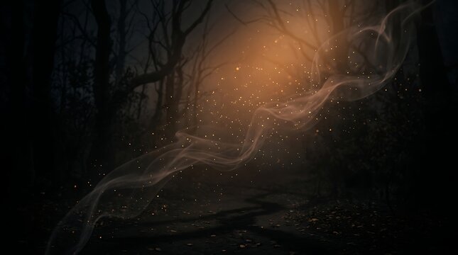 Mysterious dark forest path with magical glowing particles and smoke