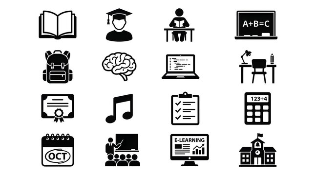 Set of black education and school icons arranged in a grid for academic design projects.