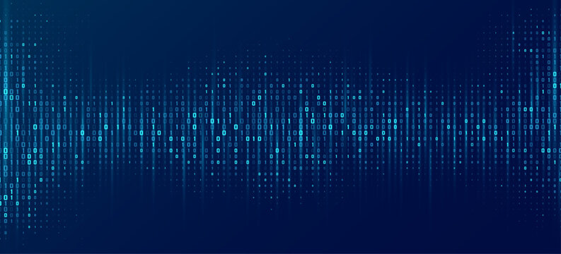 Glowing blue binary code background with random digits 0 and 1 representing digital data and coding. Abstract tech backdrop for online webinar presentation. Vector illustration.