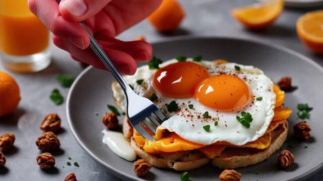 Scrambled fried eggs plate on table, hearty tasty traditional culinary brunch cuisine AI Generative