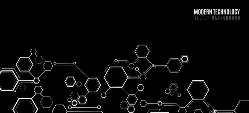 Connected futuristic white hexagons on black backdrop for Technology or Science background. Hexagonal pattern for scientific research presentation or web banner. Vector Illustration.