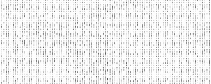 Black binary code on white background with random digits 0 and 1 representing digital data and coding. Abstract technology backdrop for online webinar presentation. Vector illustration.