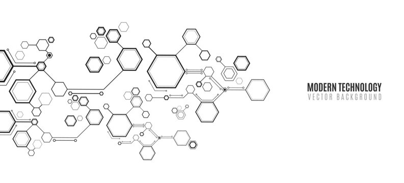 Connected futuristic black hexagons on white backdrop for Technology or Science background. Hexagonal pattern for scientific research presentation. Vector Illustration.