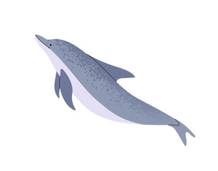 Naklejka premium Cute bottlenose dolphin is swimming underwater. Friendly and clever undersea animal with fins. Sea life. Ocean fauna. Tropical water wildlife. Flat isolated vector illustration on white background