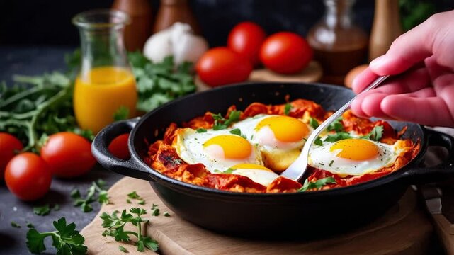 Shakshuka with scrambled fried eggs, hearty tasty traditional culinary brunch cuisine AI Generative