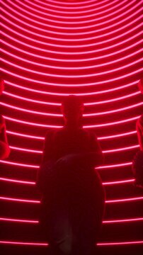 Gothic Red Concert Stage Visual Low Angle Perspective of Statues Circle and Red Neon Ceiling