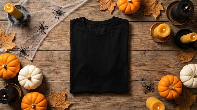Black tshirt mockup with pumpkins and candles on wooden table