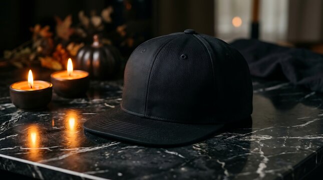 Black snapback cap on marble table with candles