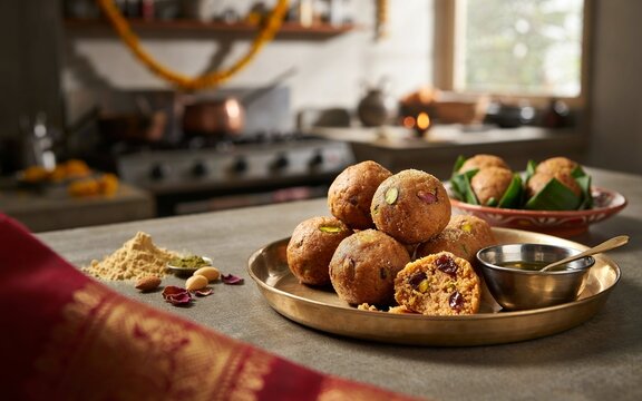 Traditional Indian Ladoo Sweets on a Brass Plate in a Rustic Kitchen