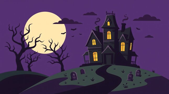 Spooky haunted house on a hill with a full moon and bare trees for a halloween background