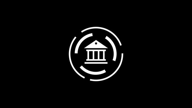 White color bank building icon animation on black background
